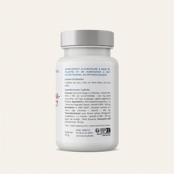 Curcuma, Trans-Resvératrol, Quercétine, Bromélaïne, Coenzyme Q10. pilulier de 90 gélules végétales en pullulan