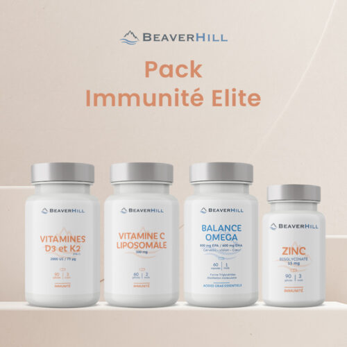 Pack de 4 produits : Vitamine C liposomale 500 mg, Vitamines D3/K2, Balance Omega, Zinc 15 mg beaverhill.fr